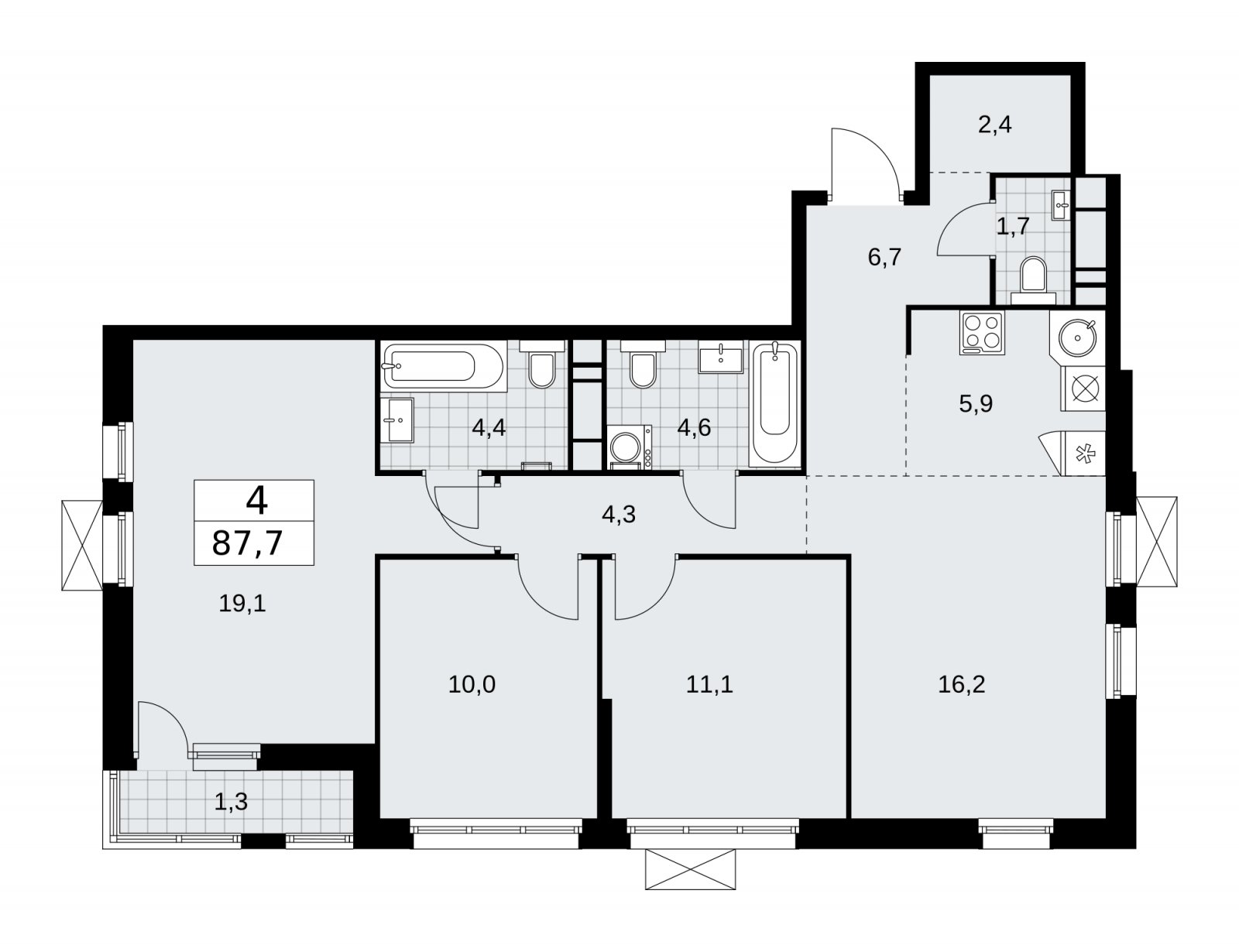 4-комнатная квартира (евро) без отделки, 87.7 м2, 13 этаж, сдача 1 квартал 2026 г., ЖК Скандинавия, корпус 37.2.1 - объявление 2254389 - фото №1