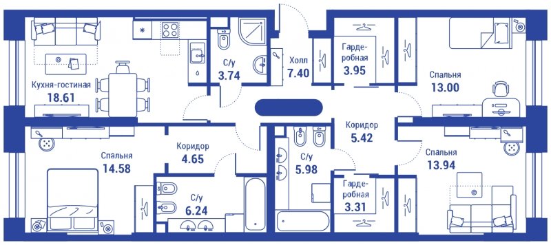 4-комнатная квартира (евро) с полной отделкой, 100.57 м2, 2 этаж, сдача 3 квартал 2024 г., ЖК iLove, корпус 2 - объявление 1544074 - фото №1