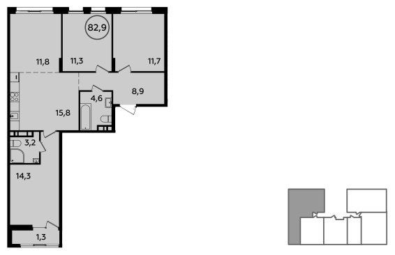 4-комнатная квартира (евро) без отделки, 82.9 м2, 14 этаж, сдача 1 квартал 2023 г., ЖК Прокшино, корпус 3.1 - объявление 1410869 - фото №1