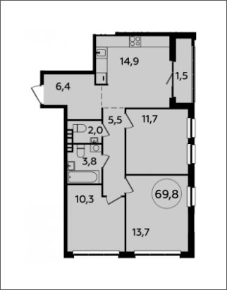 3-комнатная квартира без отделки, 69.8 м2, 8 этаж, сдача 1 квартал 2024 г., ЖК Южные сады, корпус 1.4 - объявление 1752986 - фото №1