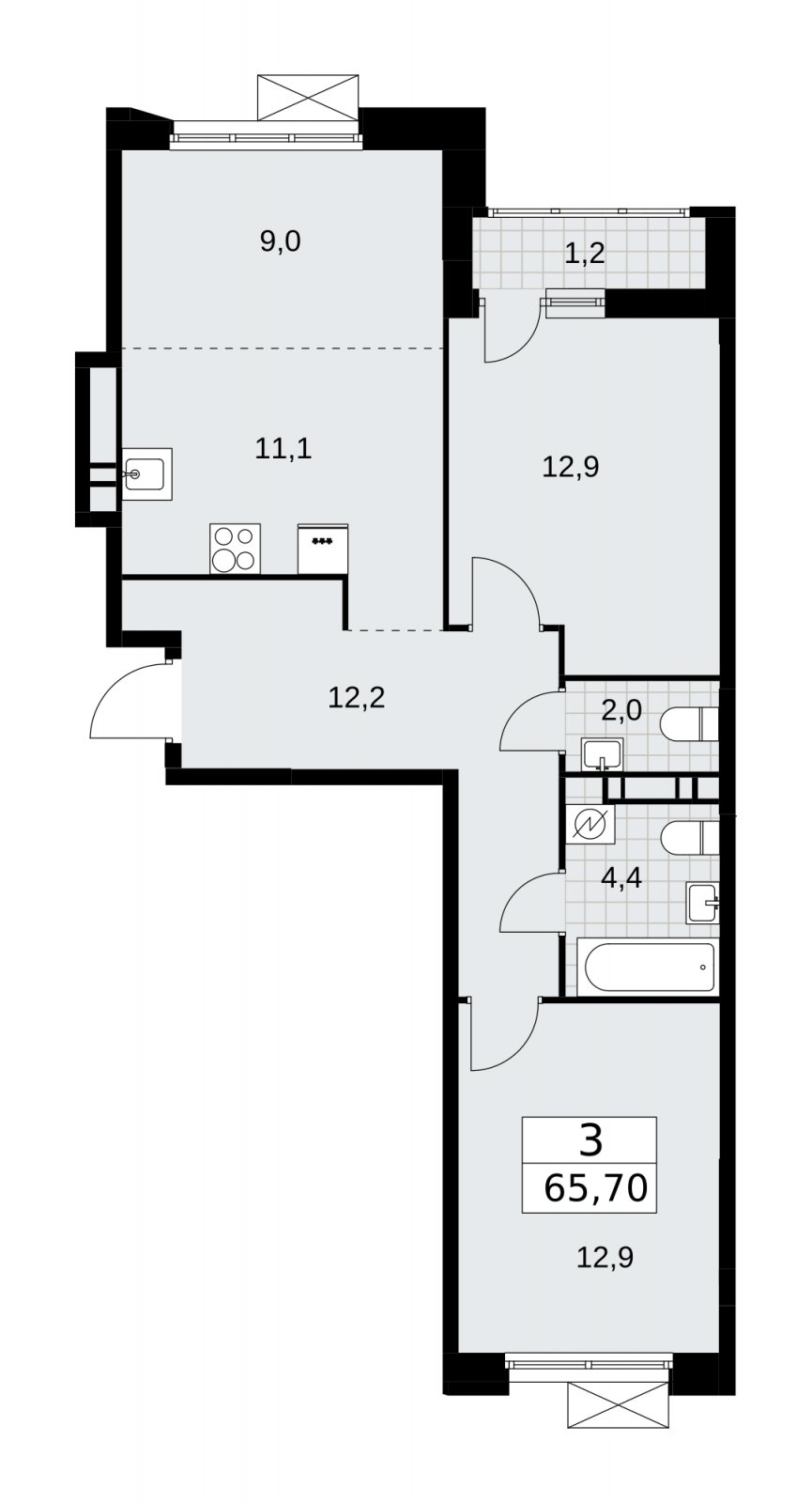 3-комнатная квартира (евро) с частичной отделкой, 65.7 м2, 9 этаж, сдача 4 квартал 2025 г., ЖК Скандинавия, корпус 28.4 - объявление 2202897 - фото №1