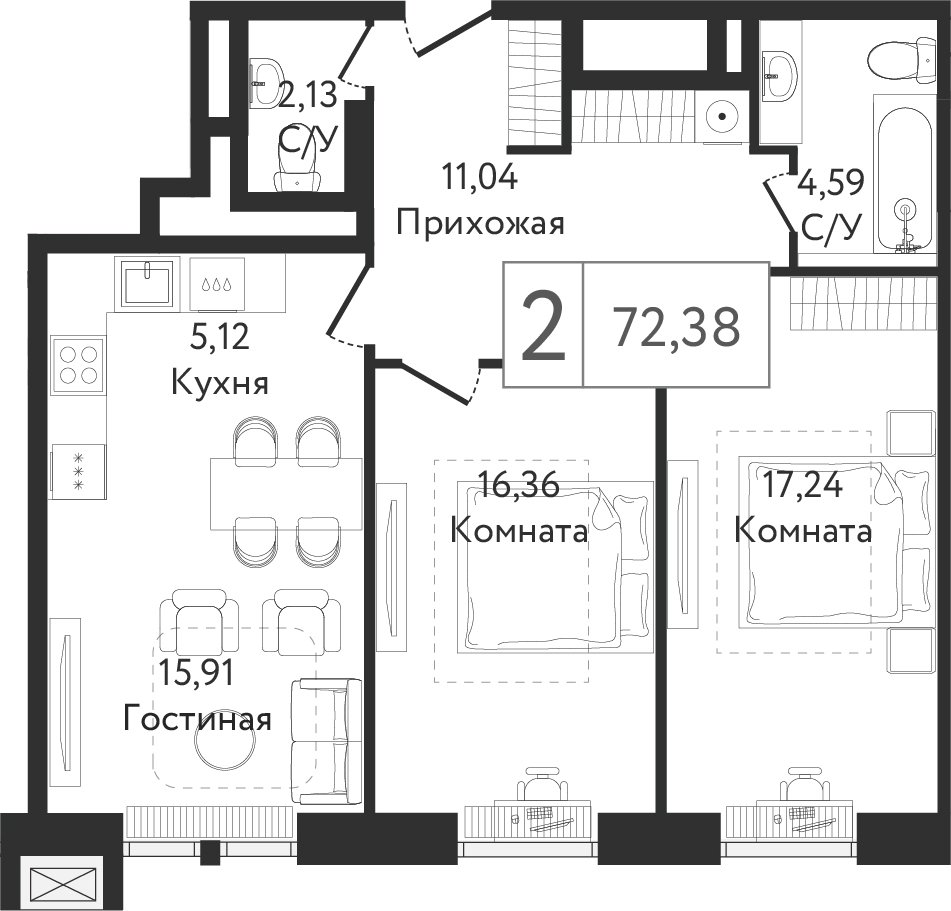 2-комнатная квартира без отделки, 72.39 м2, 4 этаж, сдача 3 квартал 2023 г., ЖК Dream Towers, корпус 1 - объявление 2261222 - фото №1