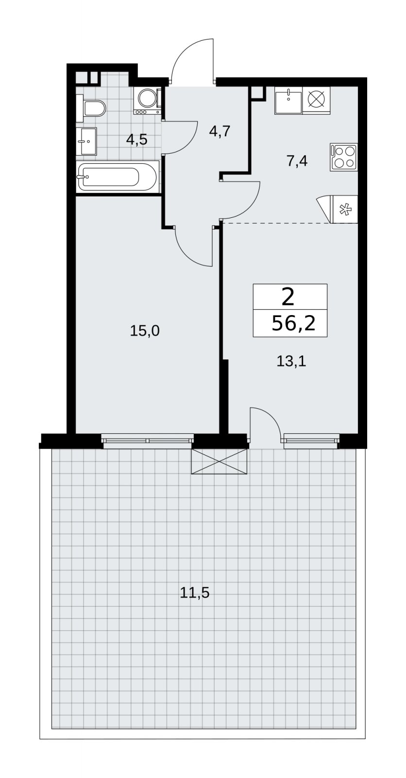 2-комнатная квартира (евро) без отделки, 56.2 м2, 2 этаж, сдача 1 квартал 2026 г., ЖК Прокшино, корпус 11.2.2 - объявление 2270045 - фото №1
