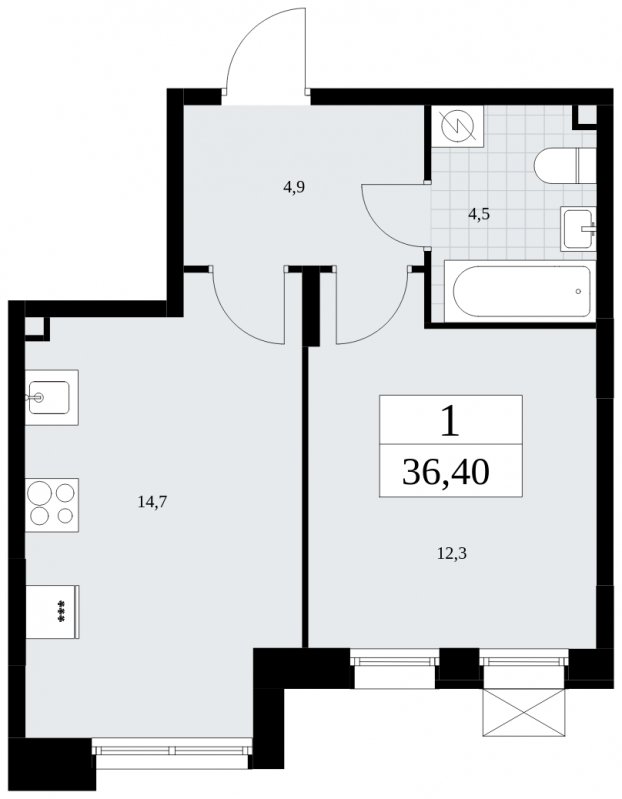 1-комнатная квартира без отделки, 36.4 м2, 2 этаж, сдача 4 квартал 2024 г., ЖК Бунинские кварталы, корпус 1.3 - объявление 1834668 - фото №1