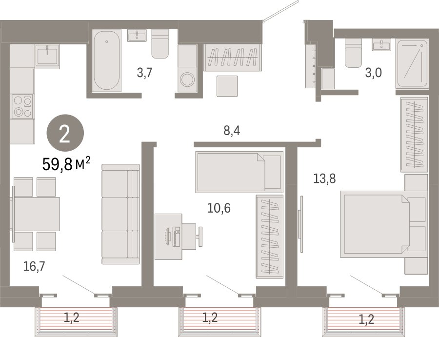 2-комнатная квартира с частичной отделкой, 59.8 м2, 23 этаж, сдача 3 квартал 2026 г., ЖК Квартал Метроном, корпус 1 - объявление 2300692 - фото №1