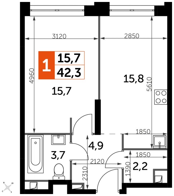 1-комнатная квартира с частичной отделкой, 42.3 м2, 30 этаж, сдача 1 квартал 2023 г., ЖК Sydney City, корпус 3 - объявление 1612527 - фото №1