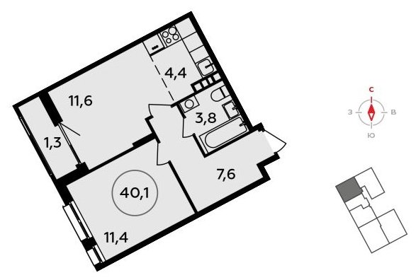 2-комнатная квартира (евро) без отделки, 40.1 м2, 4 этаж, сдача 3 квартал 2023 г., ЖК Прокшино, корпус 4.4 - объявление 1749474 - фото №1