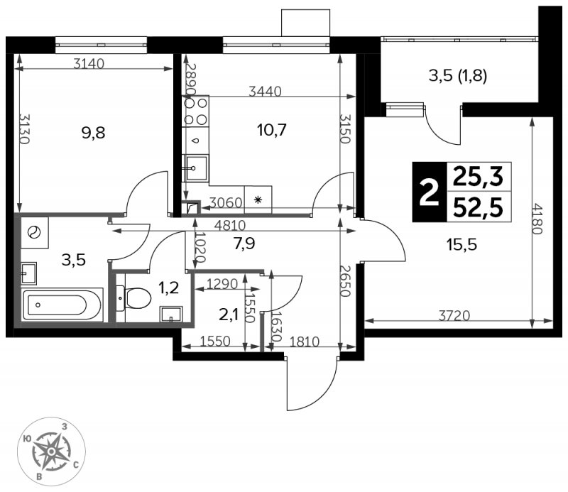 2-комнатная квартира с частичной отделкой, 52.5 м2, 14 этаж, сдача 3 квартал 2023 г., ЖК Южная Битца, корпус 11 - объявление 1771591 - фото №1