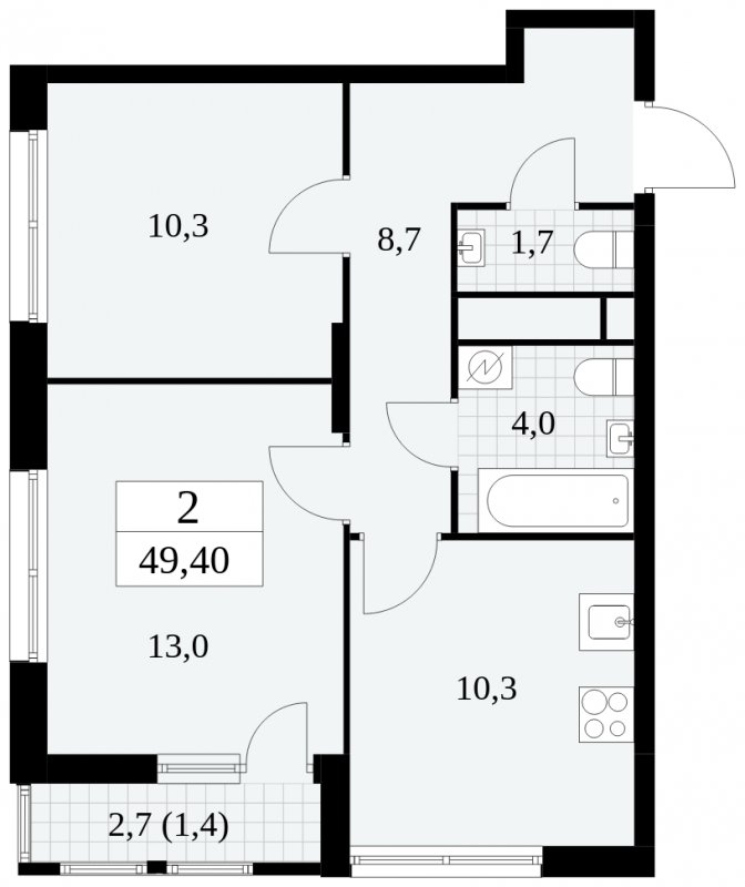 2-комнатная квартира с частичной отделкой, 49.4 м2, 13 этаж, сдача 2 квартал 2025 г., ЖК Южные сады, корпус 2.1 - объявление 1760156 - фото №1