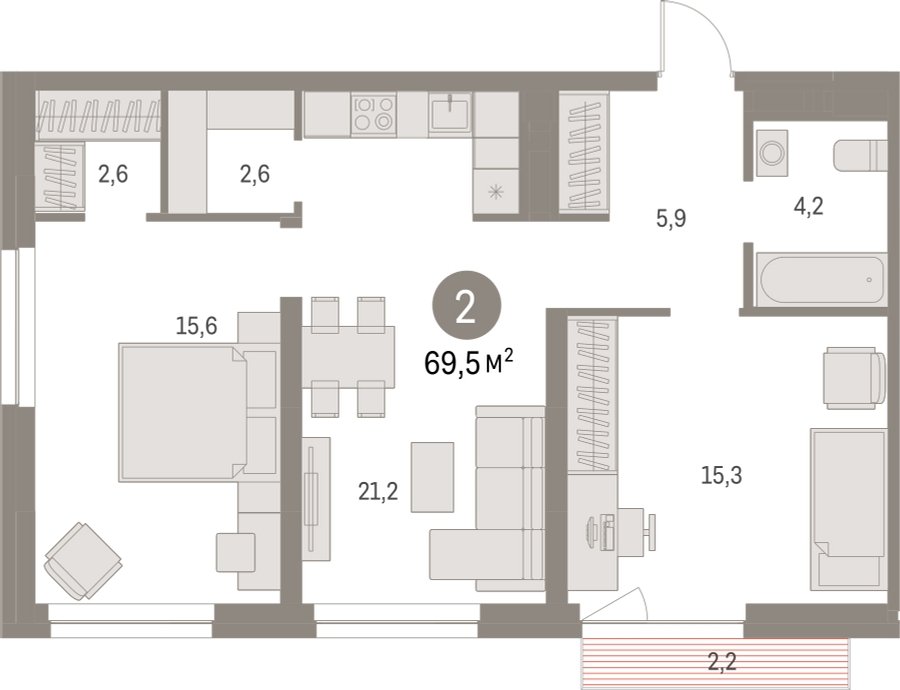 2-комнатная квартира с частичной отделкой, 69.48 м2, 11 этаж, сдача 1 квартал 2025 г., ЖК Первый квартал, корпус 5 - объявление 2310683 - фото №1