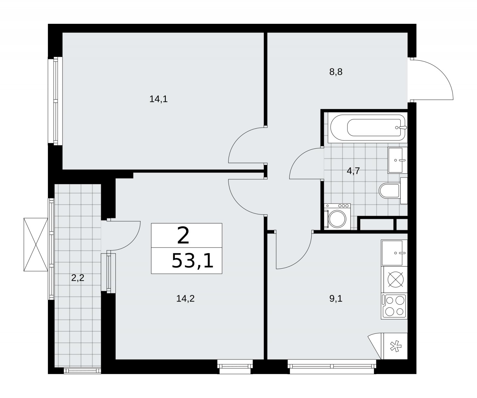 2-комнатная квартира без отделки, 53.1 м2, 4 этаж, сдача 1 квартал 2026 г., ЖК Прокшино, корпус 11.2.2 - объявление 2270065 - фото №1