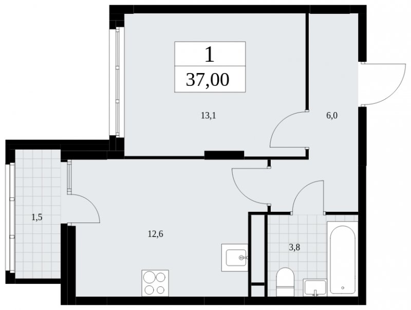 1-комнатная квартира без отделки, 37 м2, 14 этаж, сдача 4 квартал 2024 г., ЖК Скандинавия, корпус 36.2.2 - объявление 1780036 - фото №1