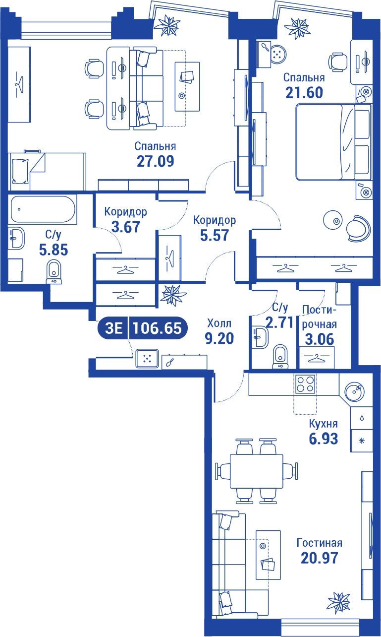 3-комнатная квартира без отделки, 106.1 м2, 10 этаж, дом сдан, ЖК iLove, корпус 3 - объявление 2047387 - фото №1