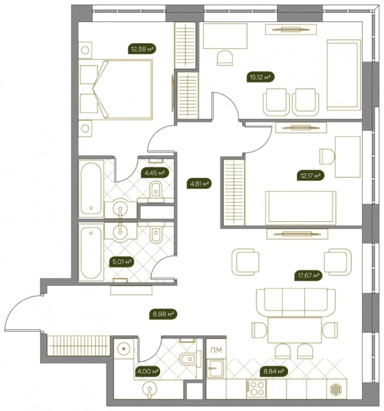 4-комнатная квартира с полной отделкой, 91.43 м2, 5 этаж, сдача 2 квартал 2023 г., ЖК West Garden, корпус Park line, корпус 16 - объявление 1659905 - фото №1