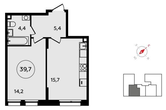 1-комнатная квартира без отделки, 39.7 м2, 2 этаж, сдача 3 квартал 2023 г., ЖК Прокшино, корпус 4.6 - объявление 1826473 - фото №1