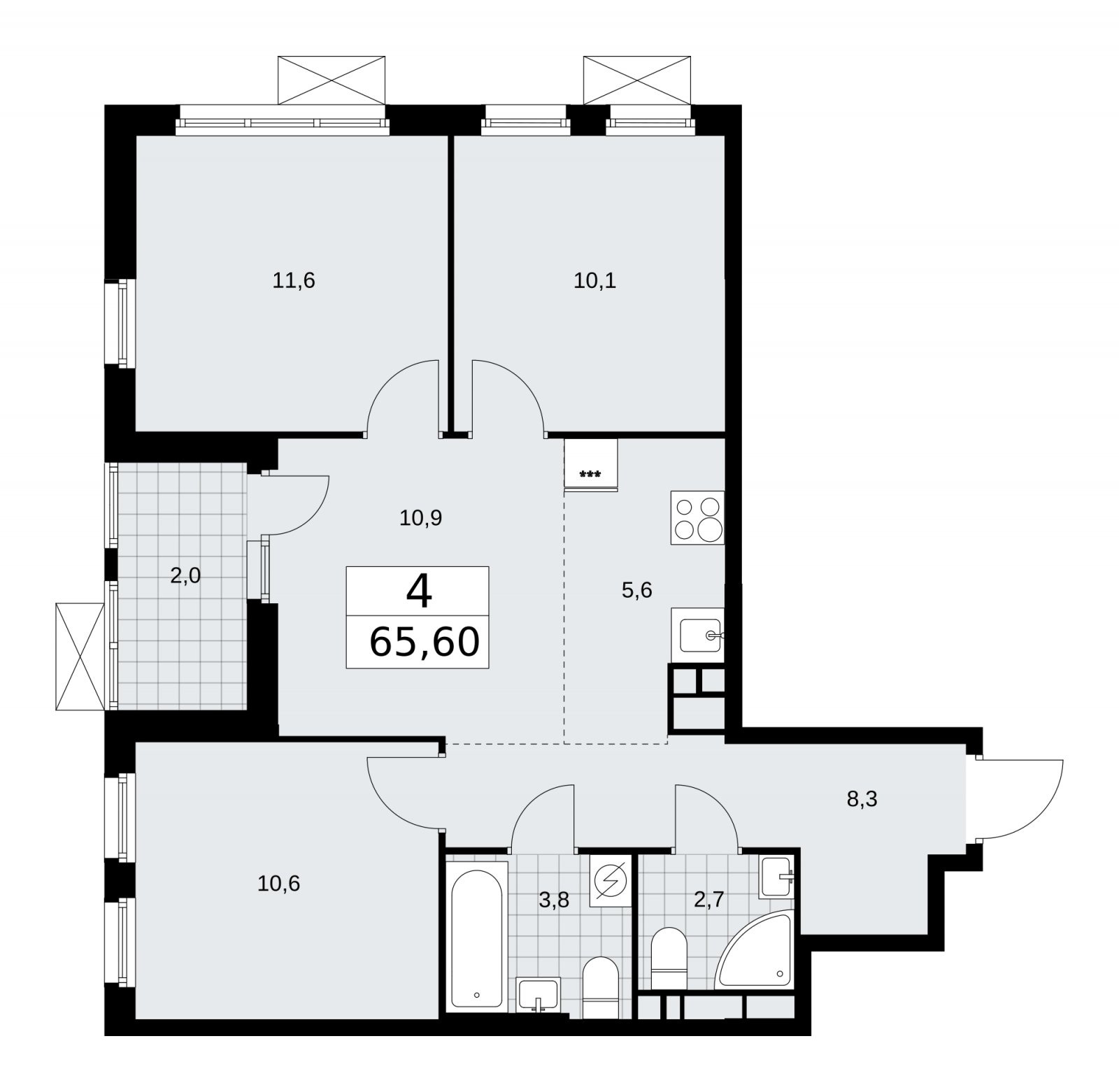 4-комнатная квартира (евро) с частичной отделкой, 65.6 м2, 10 этаж, сдача 4 квартал 2025 г., ЖК Бунинские кварталы, корпус 3.5 - объявление 2152192 - фото №1