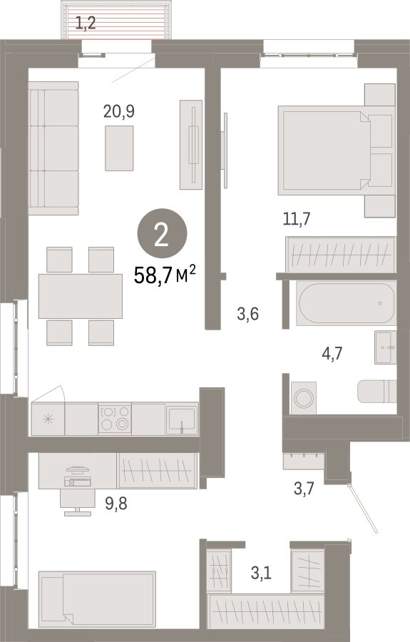 2-комнатная квартира с частичной отделкой, 58.7 м2, 6 этаж, сдача 3 квартал 2026 г., ЖК Квартал Метроном, корпус 1 - объявление 2331101 - фото №1