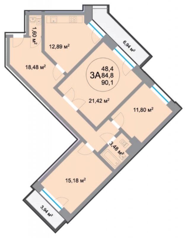 3-комнатная квартира 89.52 м2, 3 этаж, дом сдан, ЖК 28 микрорайон, корпус 2 - объявление 1348895 - фото №1