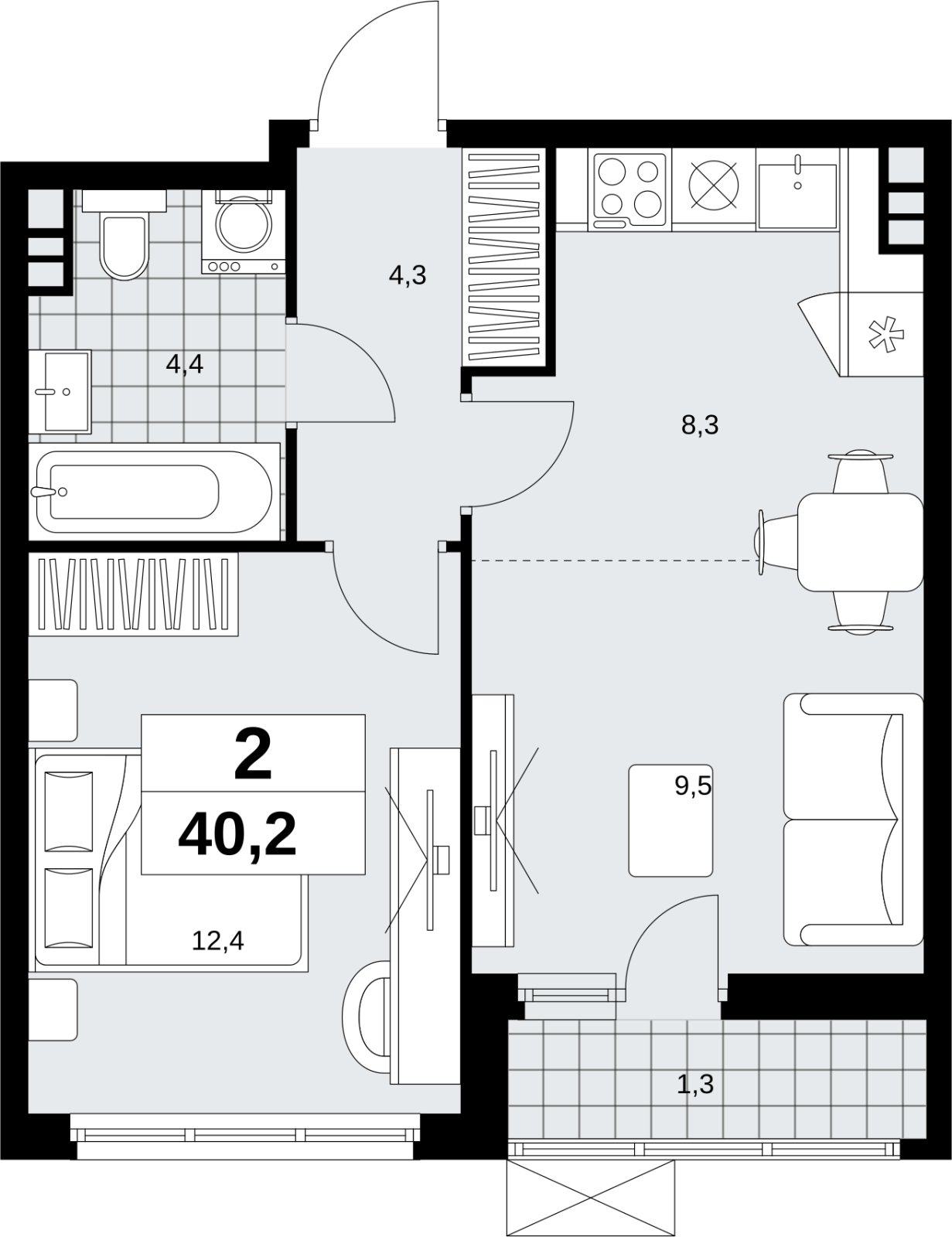 2-комнатная квартира (евро) без отделки, 40.2 м2, 4 этаж, сдача 4 квартал 2026 г., ЖК Скандинавия, корпус 2.18.2.4 - объявление 2351487 - фото №1