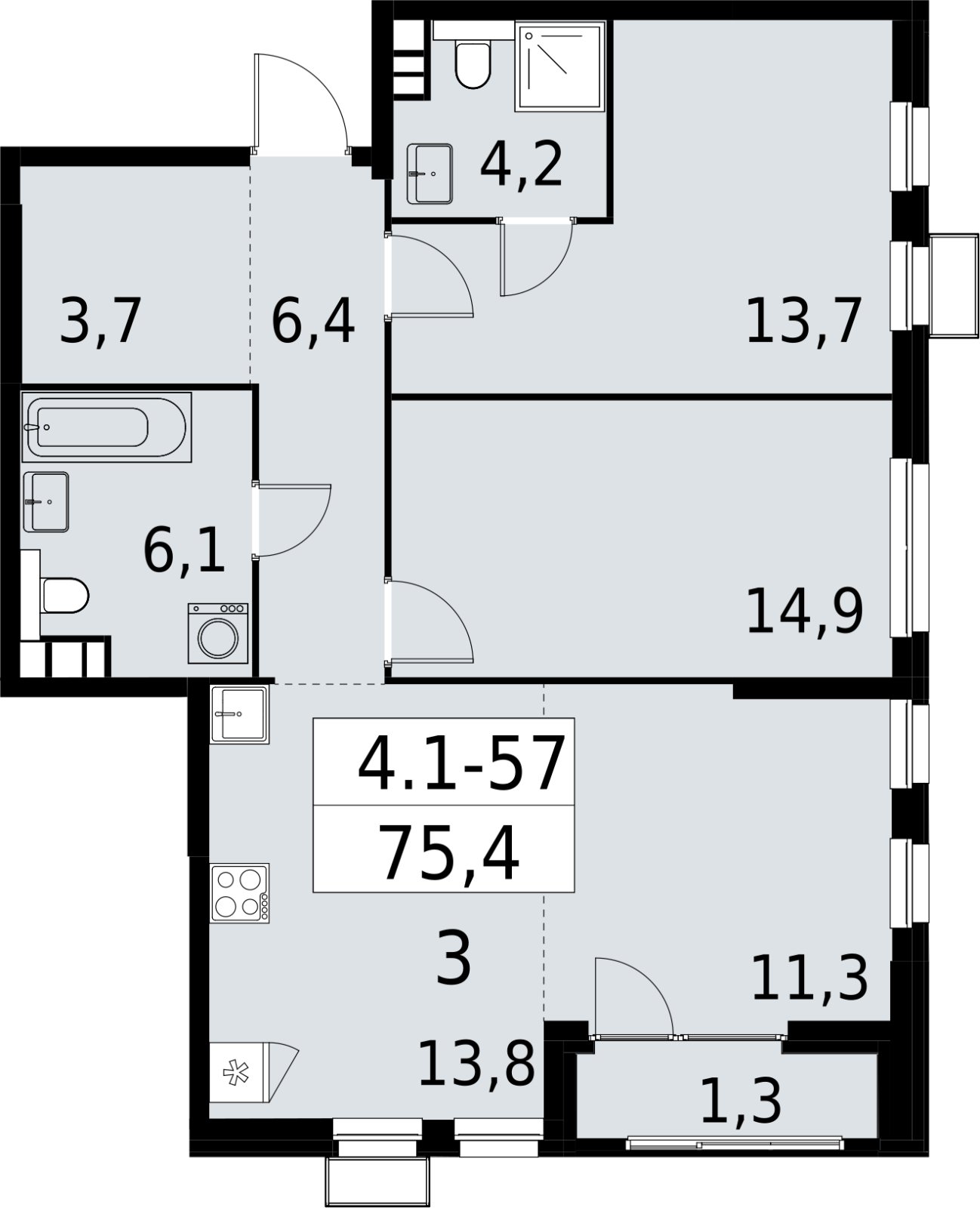 3-комнатная квартира (евро) с полной отделкой, 75.4 м2, 11 этаж, сдача 2 квартал 2027 г., ЖК Южные сады, корпус 4.1.1 - объявление 2392598 - фото №1