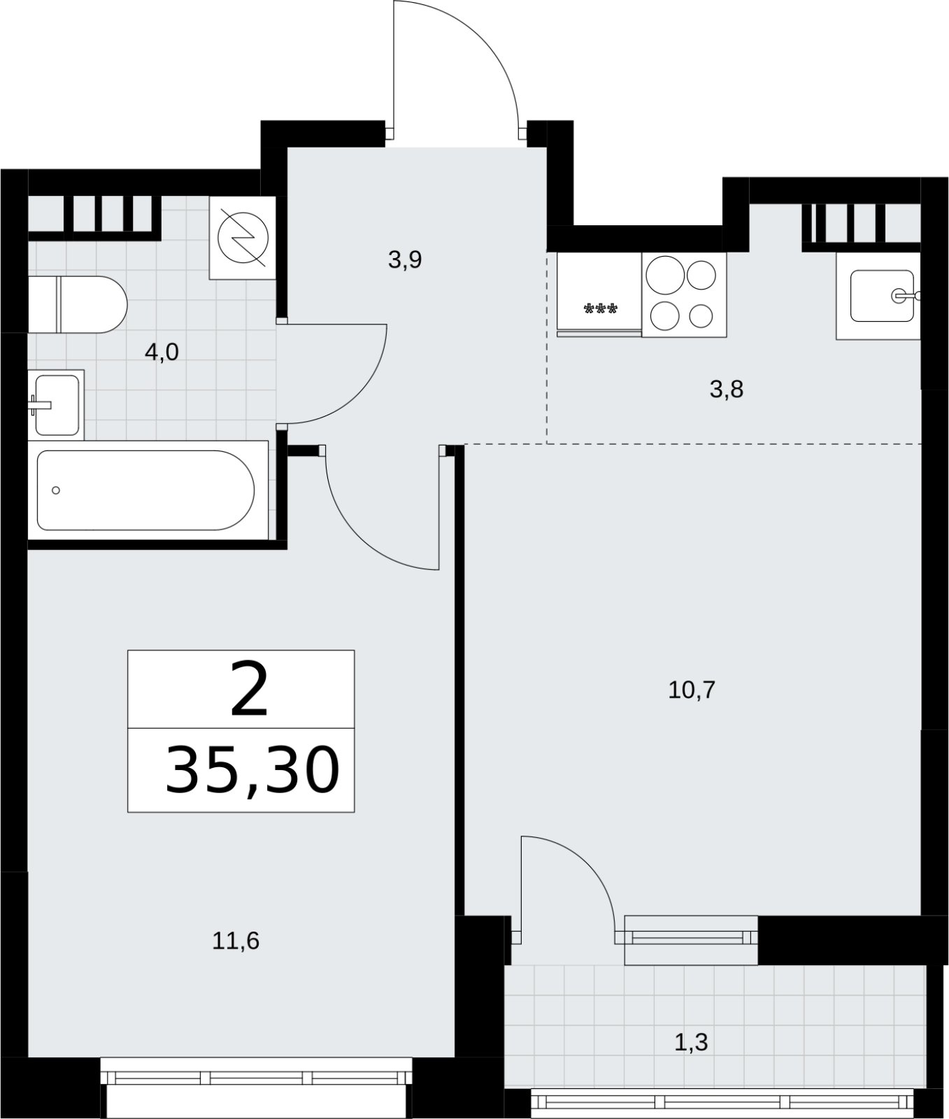 2-комнатная квартира (евро) без отделки, 35.3 м2, 4 этаж, сдача 3 квартал 2026 г., ЖК Родные кварталы, корпус 3.4 - объявление 2378658 - фото №1