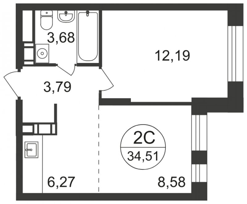 2-комнатная квартира с полной отделкой, 34.51 м2, 3 этаж, сдача 3 квартал 2023 г., ЖК Люберцы, корпус 66 - объявление 1566257 - фото №1