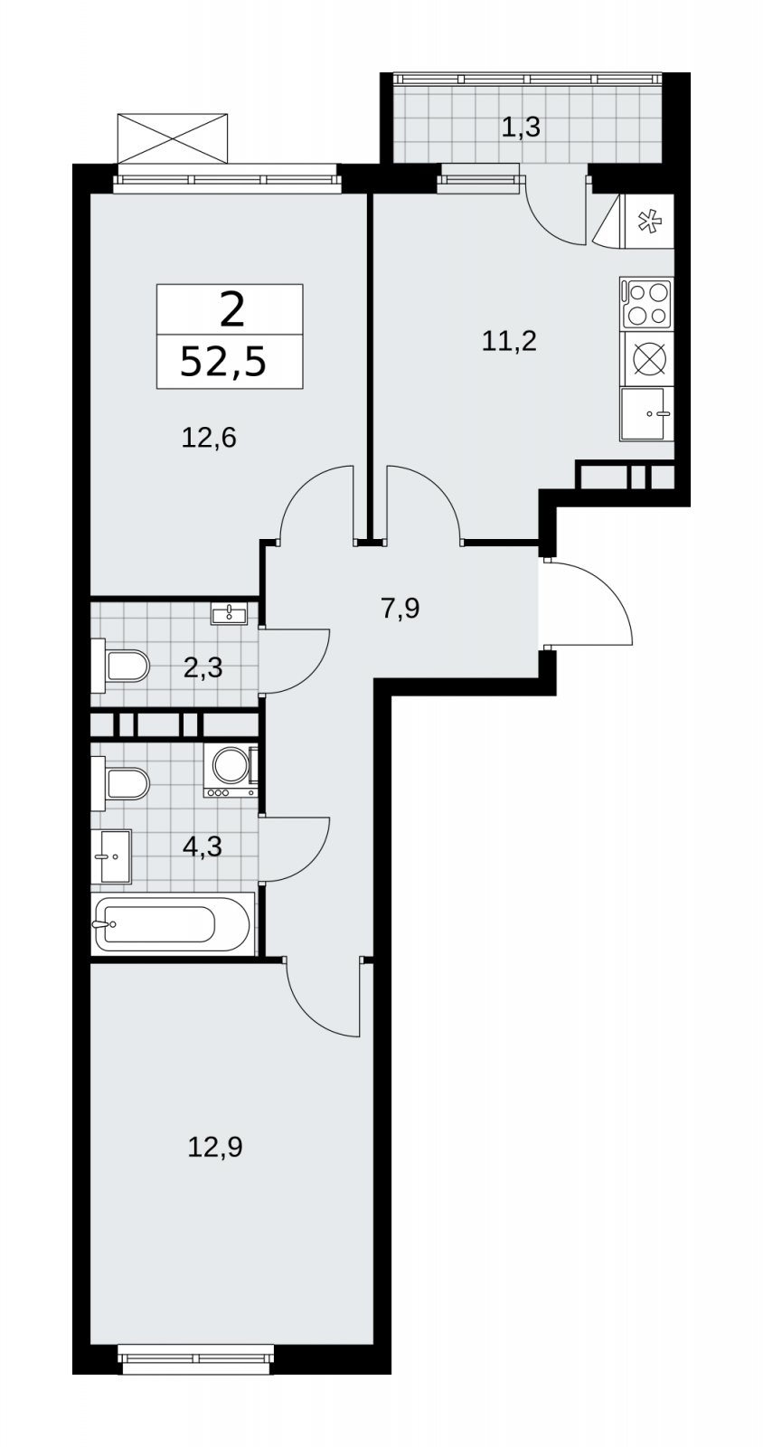 2-комнатная квартира без отделки, 52.5 м2, 8 этаж, сдача 4 квартал 2025 г., ЖК Прокшино, корпус 11.1.4 - объявление 2257539 - фото №1