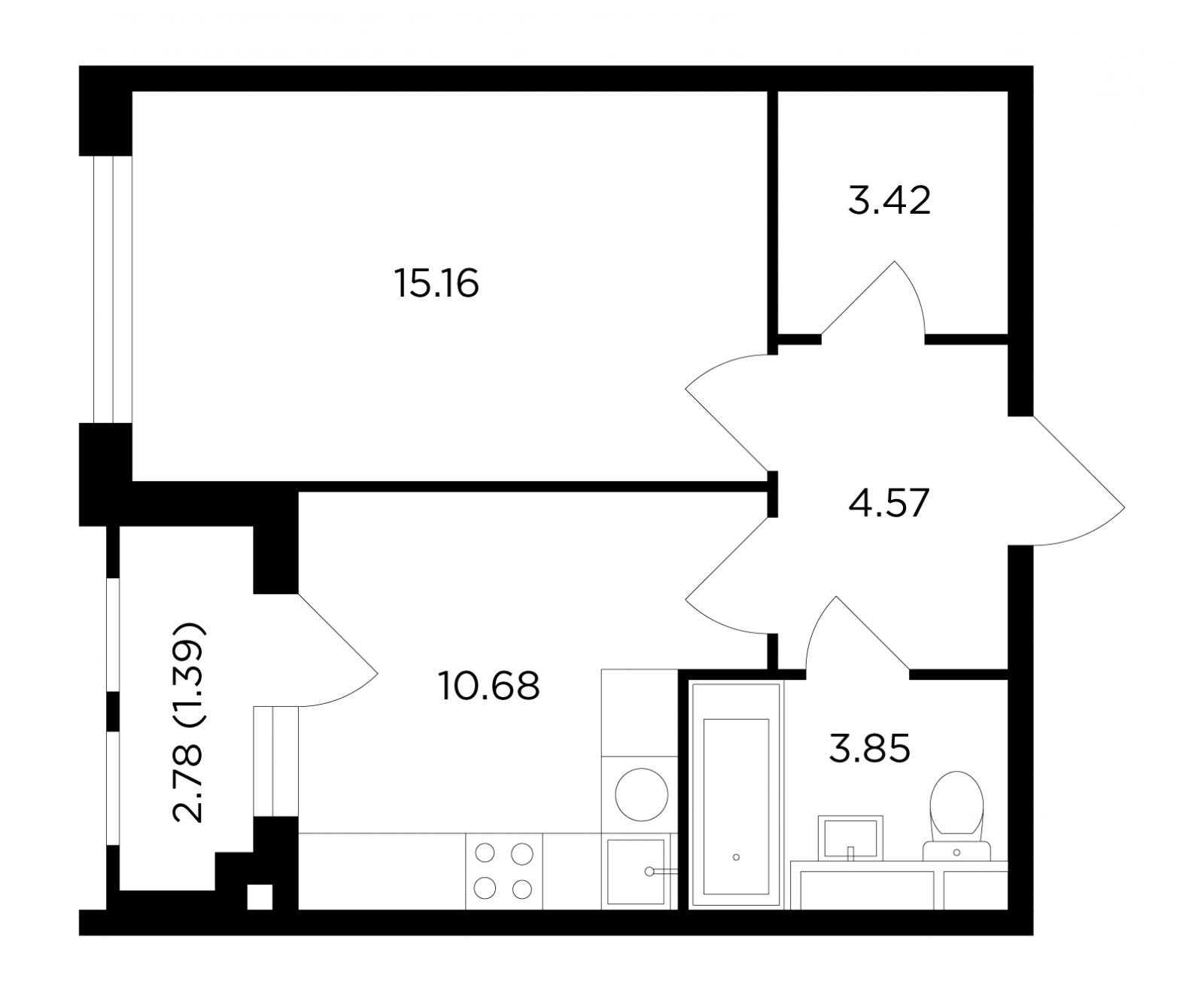 1-комнатная квартира без отделки, 39.07 м2, 5 этаж, дом сдан, ЖК TopHILLS, корпус 6 - объявление 2317478 - фото №1