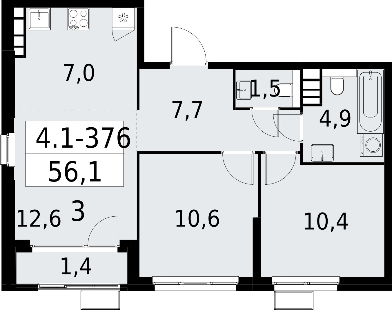 3-комнатная квартира (евро) с полной отделкой, 56.1 м2, 23 этаж, сдача 2 квартал 2027 г., ЖК Южные сады, корпус 4.1.2 - объявление 2392882 - фото №1