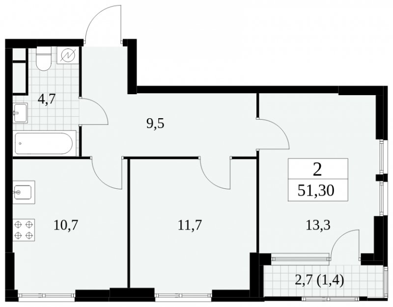 2-комнатная квартира без отделки, 51.3 м2, 6 этаж, сдача 2 квартал 2025 г., ЖК Южные сады, корпус 2.4 - объявление 1760290 - фото №1