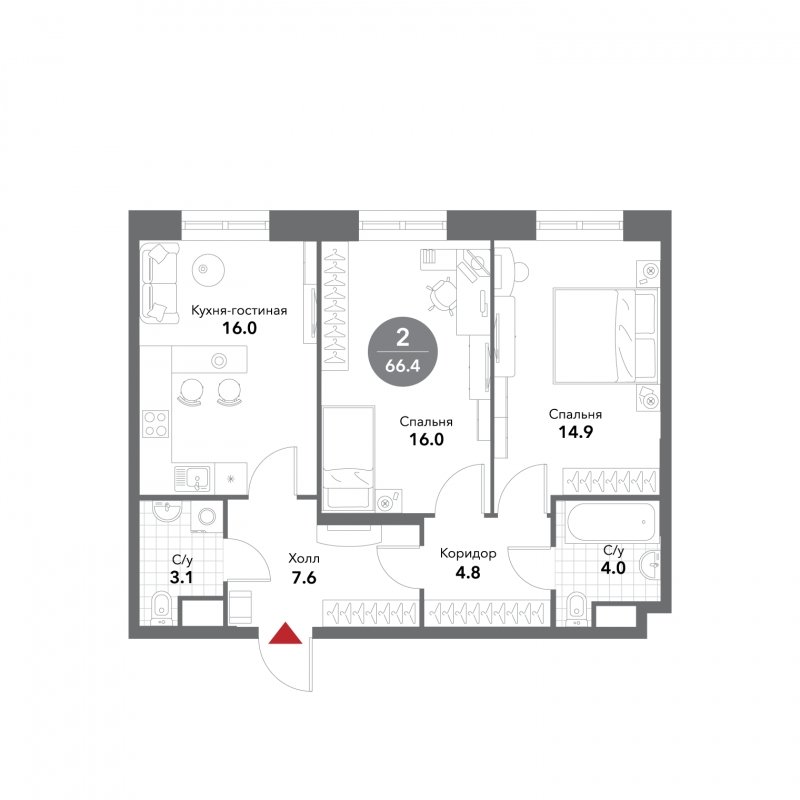 2-комнатные апартаменты без отделки, 66.4 м2, 9 этаж, сдача 3 квартал 2025 г., ЖК VOXHALL, корпус 4 - объявление 1794267 - фото №1