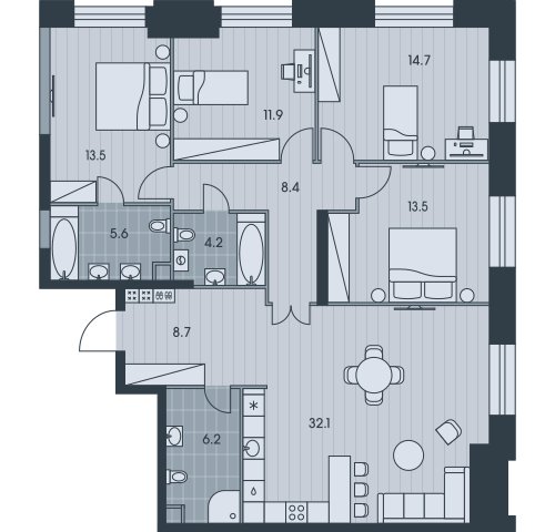 5-комнатная квартира без отделки, 118.8 м2, 12 этаж, сдача 3 квартал 2025 г., ЖК EVER, корпус 5 - объявление 2377044 - фото №1