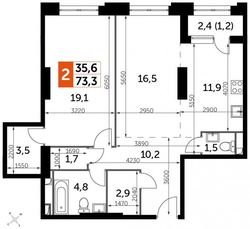 2-комнатная квартира с частичной отделкой, 73.3 м2, 3 этаж, сдача 1 квартал 2023 г., ЖК Sydney City, корпус 3 - объявление 1658345 - фото №1