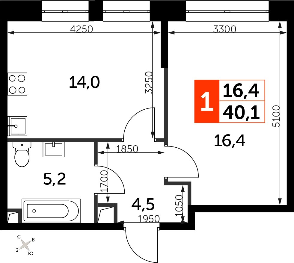 1-комнатная квартира с полной отделкой, 40.1 м2, 2 этаж, сдача 3 квартал 2024 г., ЖК Sydney City, корпус 2.1 - объявление 2207317 - фото №1