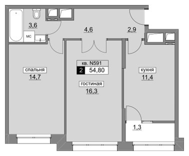2-комнатная квартира без отделки, 54.8 м2, 17 этаж, сдача 4 квартал 2022 г., ЖК Румянцево-Парк, корпус 3 - объявление 1187135 - фото №1