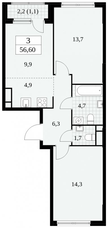 3-комнатная квартира (евро) без отделки, 56.6 м2, 13 этаж, сдача 2 квартал 2025 г., ЖК Южные сады, корпус 2.3 - объявление 1758338 - фото №1