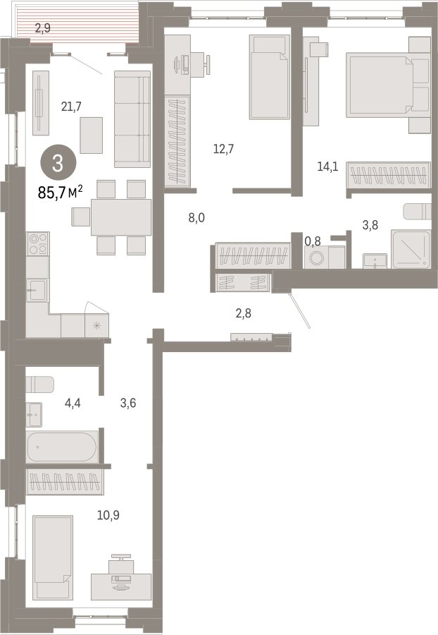 3-комнатная квартира с частичной отделкой, 85.7 м2, 3 этаж, сдача 3 квартал 2026 г., ЖК Квартал Метроном, корпус 1 - объявление 2331033 - фото №1