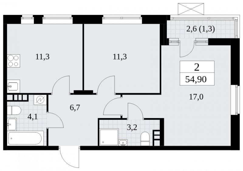2-комнатная квартира без отделки, 54.9 м2, 8 этаж, сдача 1 квартал 2025 г., ЖК Прокшино, корпус 5.2.3 - объявление 1751469 - фото №1