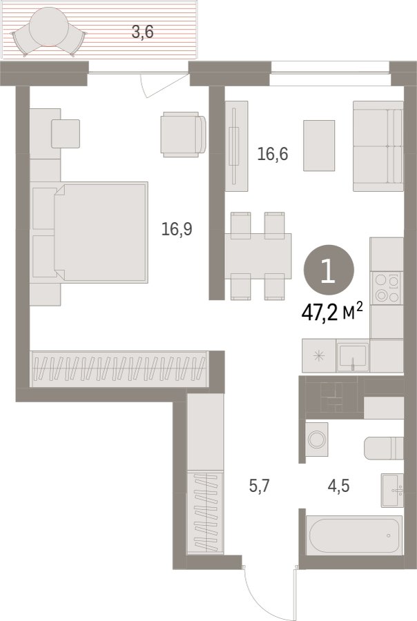 1-комнатная квартира с частичной отделкой, 47.24 м2, 5 этаж, сдача 1 квартал 2025 г., ЖК Первый квартал, корпус 5 - объявление 2334903 - фото №1