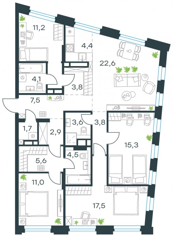 5-комнатная квартира с частичной отделкой, 119.5 м2, 24 этаж, сдача 4 квартал 2023 г., ЖК Level Нагатинская, корпус В - объявление 1699520 - фото №1