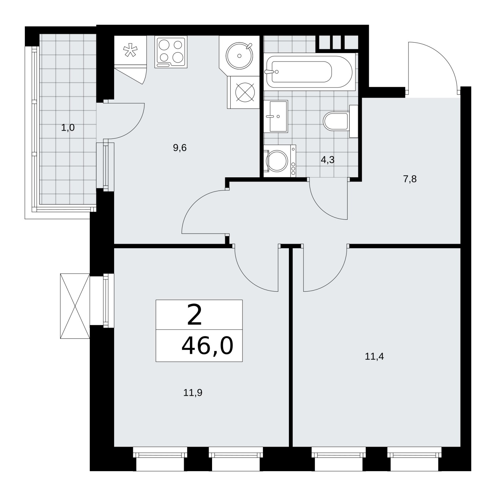 2-комнатная квартира с частичной отделкой, 46 м2, 3 этаж, сдача 2 квартал 2026 г., ЖК Скандинавия, корпус 25.1 - объявление 2283323 - фото №1