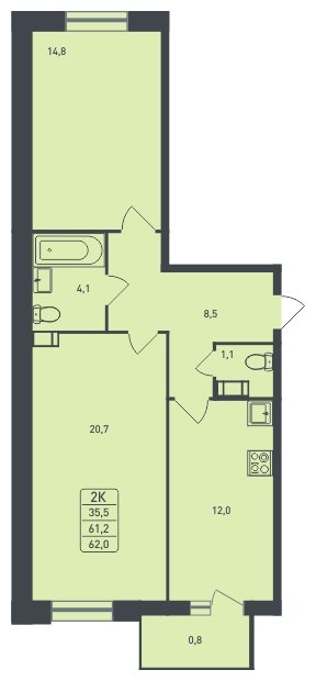 2-комнатная квартира без отделки, 62 м2, 2 этаж, дом сдан, ЖК Новая Щербинка, корпус 11 - объявление 1817172 - фото №1
