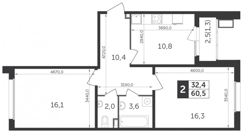 2-комнатная квартира с частичной отделкой, 60.5 м2, 20 этаж, сдача 1 квартал 2022 г., ЖК Датский квартал, корпус 1 - объявление 1329140 - фото №1