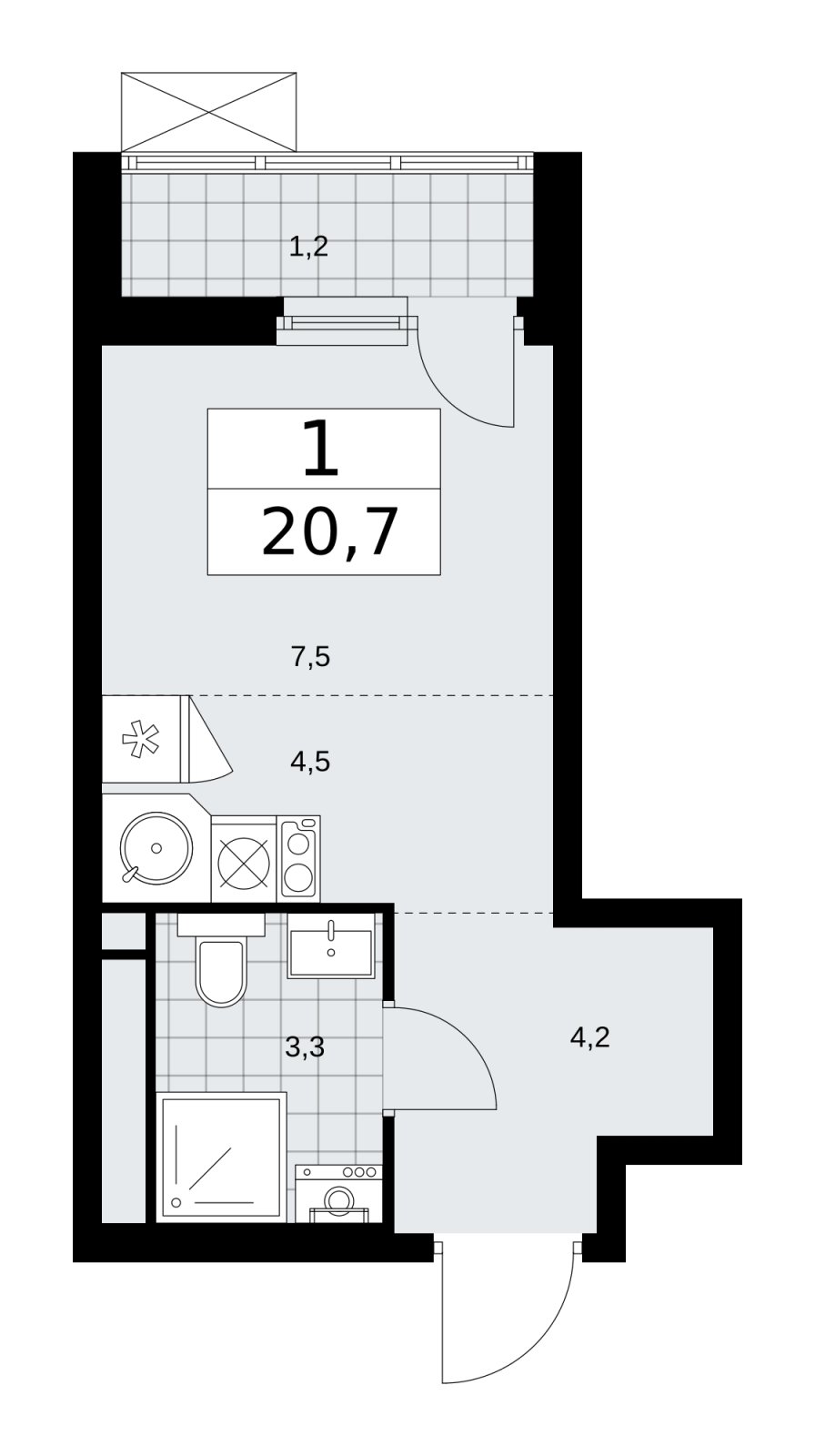 Студия без отделки, 20.7 м2, 12 этаж, сдача 4 квартал 2025 г., ЖК Прокшино, корпус 11.1.4 - объявление 2257759 - фото №1
