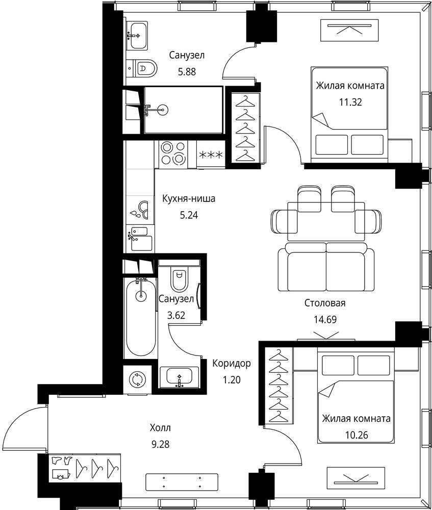 2-комнатная квартира с частичной отделкой, 61.48 м2, 2 этаж, сдача 3 квартал 2026 г., ЖК City Bay, корпус North Ocean 1 - объявление 2332361 - фото №1
