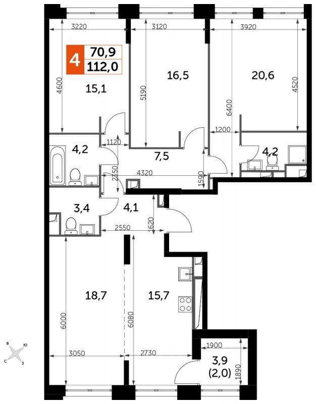 4-комнатная квартира с частичной отделкой, 112 м2, 24 этаж, сдача 1 квартал 2023 г., ЖК Sydney City, корпус 2 - объявление 1569079 - фото №1