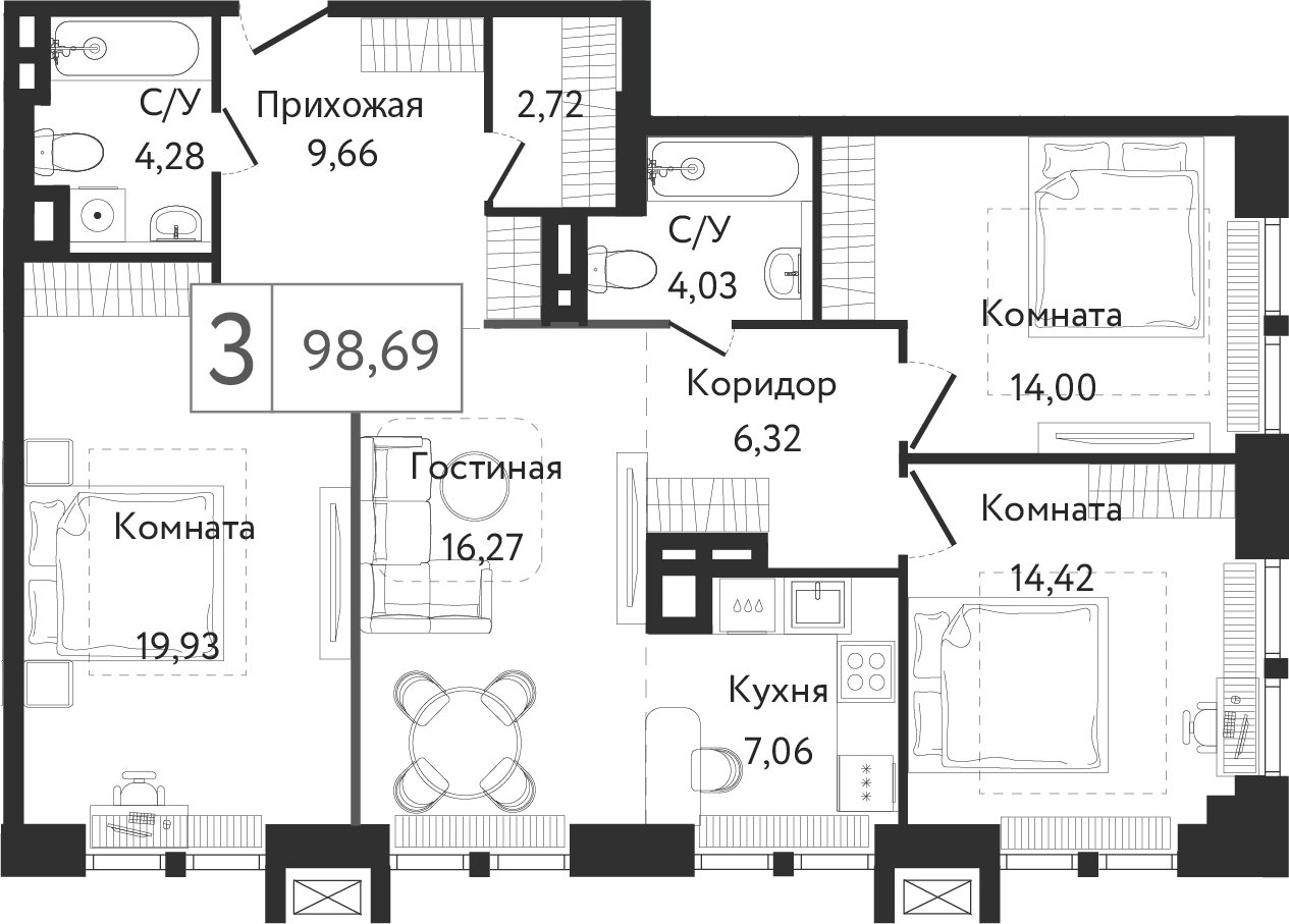 3-комнатная квартира без отделки, 98.63 м2, 3 этаж, сдача 3 квартал 2023 г., ЖК Dream Towers, корпус 2 - объявление 1801063 - фото №1