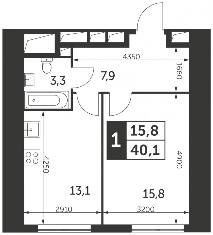 1-комнатная квартира с частичной отделкой, 40.1 м2, 7 этаж, сдача 4 квартал 2023 г., ЖК Архитектор, корпус 2 - объявление 1671742 - фото №1