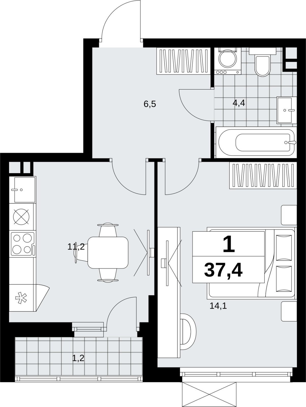 1-комнатная квартира без отделки, 37.4 м2, 3 этаж, сдача 4 квартал 2026 г., ЖК Скандинавия, корпус 2.18.2.4 - объявление 2351527 - фото №1
