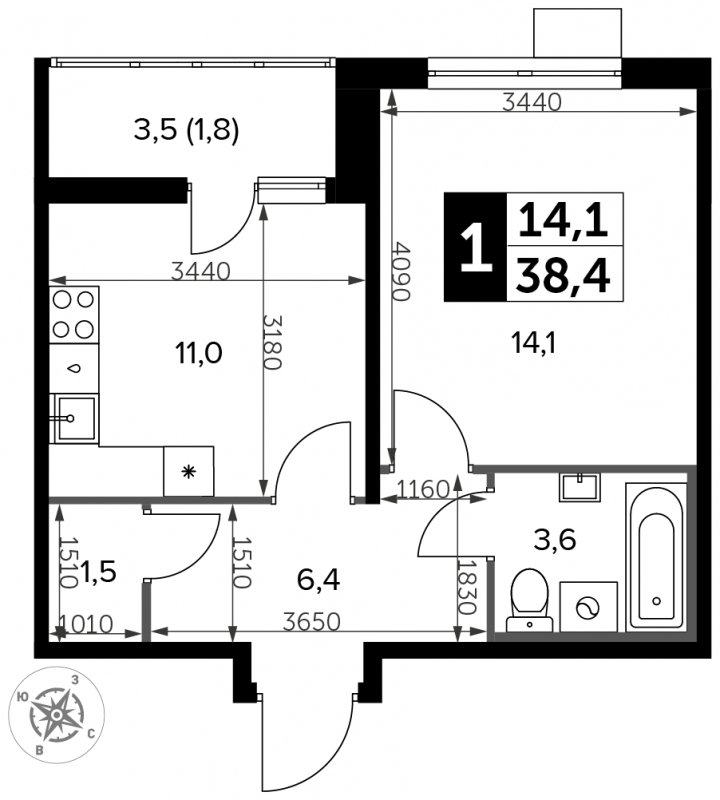 1-комнатная квартира с частичной отделкой, 38.4 м2, 12 этаж, сдача 3 квартал 2023 г., ЖК Южная Битца, корпус 11 - объявление 1694310 - фото №1